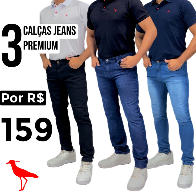 COMPRE 2 LEVE 3-  Calças Jeans Premium Azul/Preta/Azul escuro